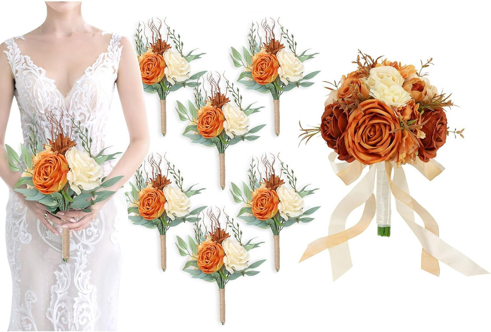 Set of 6 Burnt Orange Artificial Rose Bouquets for Weddings & Events