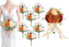 Set of 6 Burnt Orange Artificial Rose Bouquets for Weddings & Events