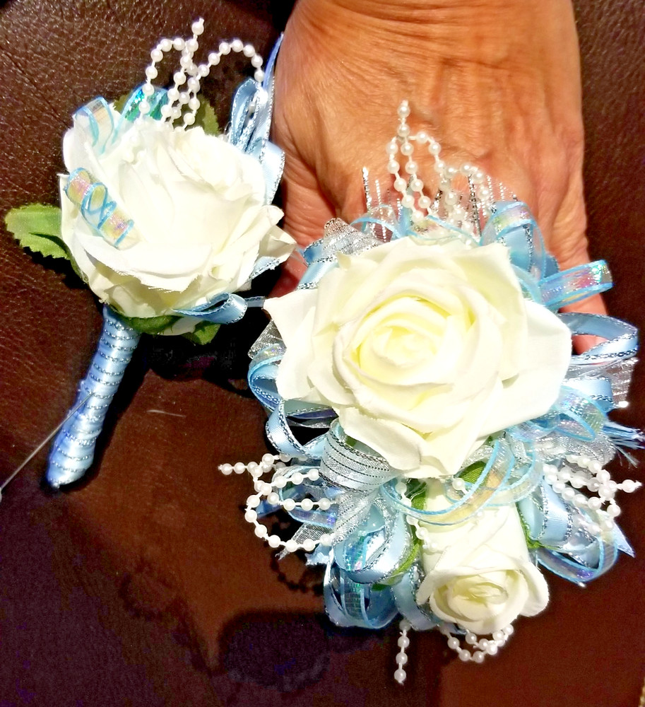 Light Blue and Ivory SILK Flower Wrist Corsage & Boutonniere Set, Prom, wedding