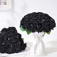 50 Pcs Black Roses Artificial Flowers, Real Touch Velvet Roses Bouquet Fake