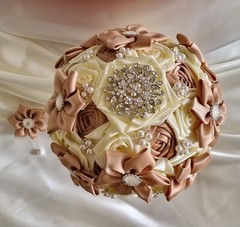 Bridal Bouquets Cream, Tan Satin Ribbon Roses, Crystal Brooches, Buttonhole…