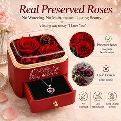 minstely Forever Preserved Rose with Hidden Necklace, Romantic red
