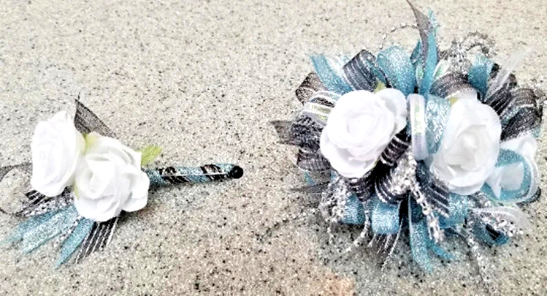 Blue/Green, Agua/Teal SILK Flower Wrist Corsage & Boutonniere Set, Prom wedding