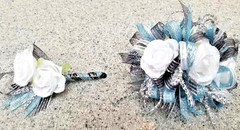 Blue/Green, Agua/Teal SILK Flower Wrist Corsage & Boutonniere Set, Prom wedding