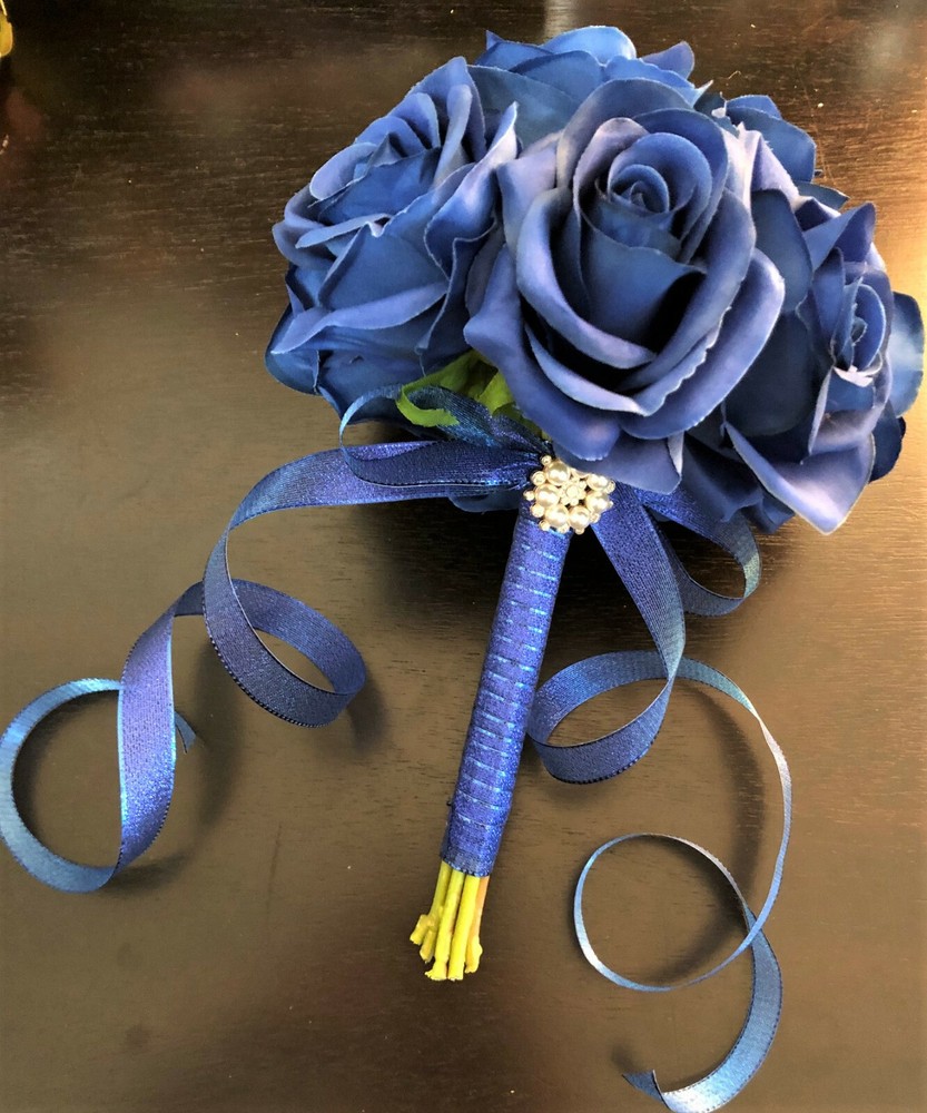 Royal Blue Faux Flower Roses Bridal Wedding Bouquet Vintage Rhinestone & Pearl 