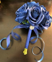 Royal Blue Faux Flower Roses Bridal Wedding Bouquet Vintage Rhinestone & Pearl 