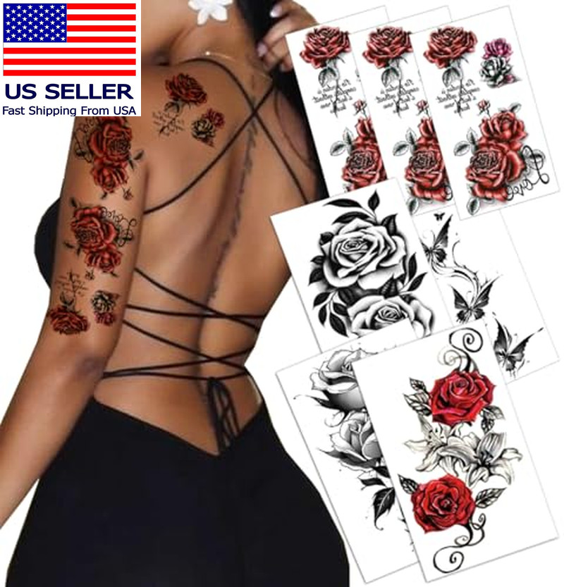 7Pcs Red Temporary Rose Flower Arm & Leg Tattoo Stickers, Sexy Stripper Chest &