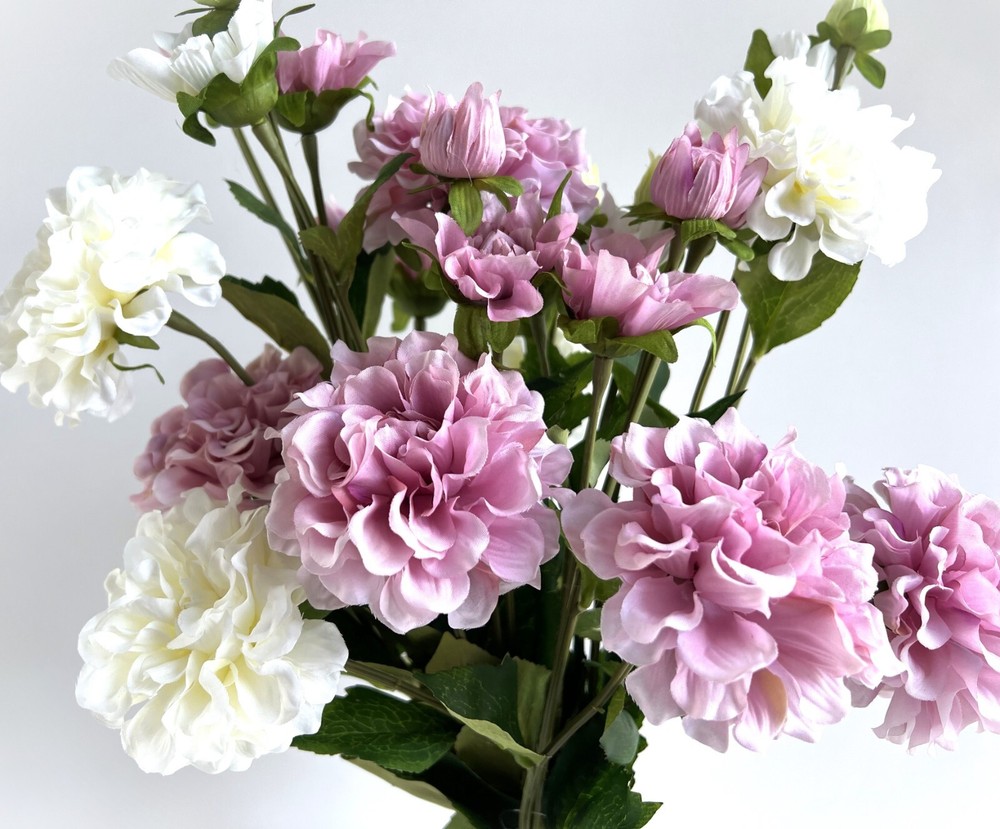Dahlia stem Faux Silk Flowers Pink White Dahlias Flower Spray DIY Arrangement x1