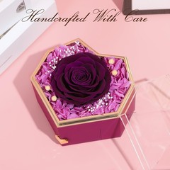 Preserved Real Rose with Necklace Forever Flowers Diamond shaped Box Purple