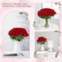 Hananona 50 Pcs Artificial Roses in Bulk, Fake Silk Red Roses Realistic Roses