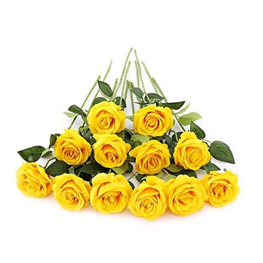 12 PCS Artificial Flowers Roses Silk Flowers Fake Long Stem Artificial Yellow