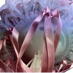 VTG Silk Flower & Lace Streamers Wedding Bridal Bouquet Red Rose & Pink Ribbons