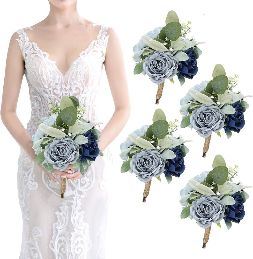 Artificial Bridesmaid Bouquets – Set of 4 Silk Rose Flowers Bouquet Wedding R…