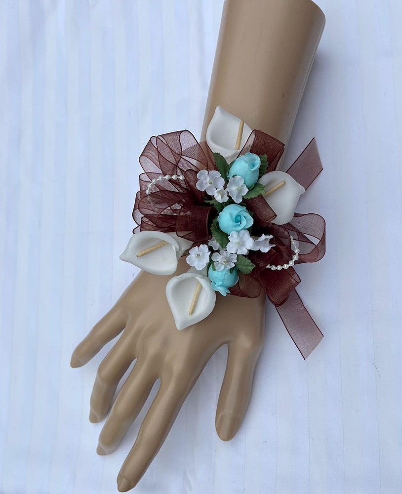 Wrist Corsage Aqua Pool Brown White Calla Lily Wedding Dance Prom Flowers