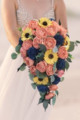 Terra Cotta Peach Sunflower Bridal Bouquet Sola Wood Navy Bridesmaid Wedding
