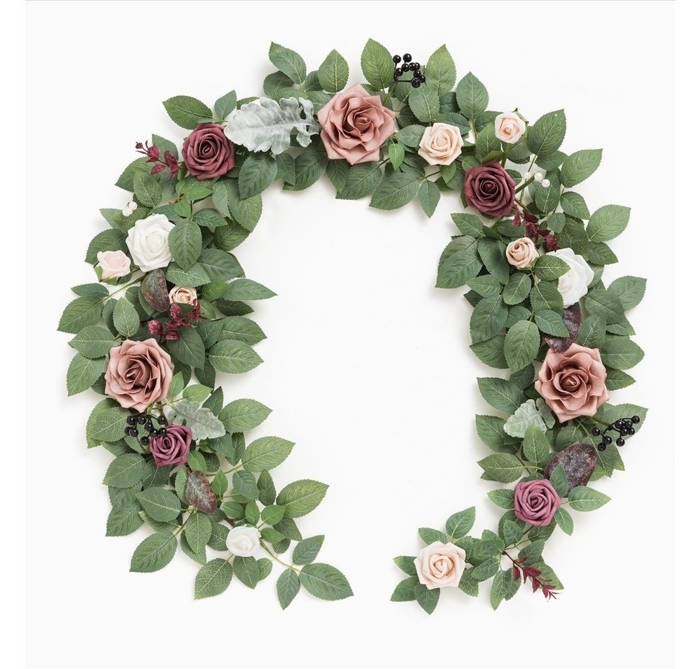 Ling’s Moment 5FT Dusty Rose & Mauve Flower Garland w/ Eucalyptus Leaves