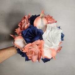 Coral Navy Blue White Rose Calla Lily Bridal Wedding Bouquet Accessories