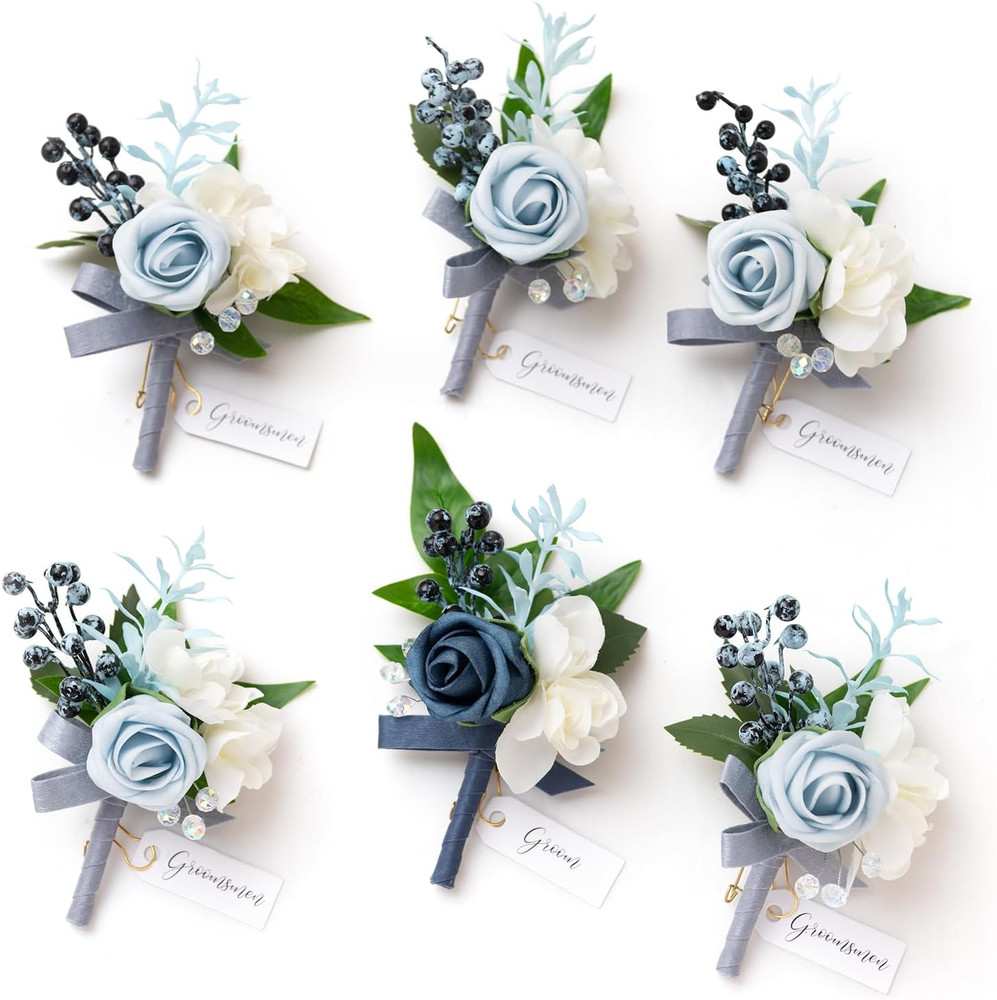 Boutonniere for Men, 6Pcs Groom Groomsmen Boutonniere with Built-In Pins, Artifi