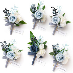 Boutonniere for Men, 6Pcs Groom Groomsmen Boutonniere with Built-In Pins, Artifi