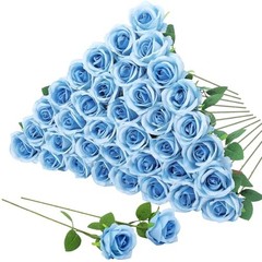 36 Pcs Artificial Roses with Long Stems, Blue Fake Silk Rose Sky Blue