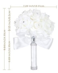 White Foam Rose Wedding Bouquet with Rhinestones and Ribbon Handle, 9.84 in
