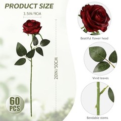 60 Pcs Burgundy Roses Artificial Flowers Bulk, Maroon Flowers Burgundy-60