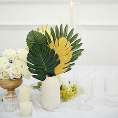 28 Green Gold Assorted SILK LEAVES Artificial Palm Tropical Monstera Stems Party