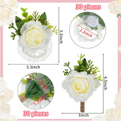 60 Pcs Ivory Rose Corsage & Boutonniere Set for Weddings & Parties