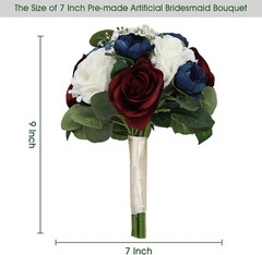 Set of 6 Burgundy & Navy Blue Bridesmaid Bouquets for Wedding Decor