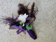 Bridal Bouquet Purple Cala Lilies and Feathers and White FlowersWhite