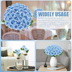 36 Pcs Artificial Roses with Long Stems, Blue Fake Silk Rose Sky Blue