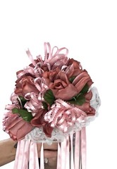 VTG Silk Flower & Lace Streamers Wedding Bridal Bouquet Red Rose & Pink Ribbons