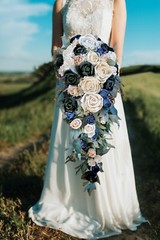 30″ Extra Long Dark Green Navy Cascade Bridal Bouquet Sola Wood Wedding Flowers