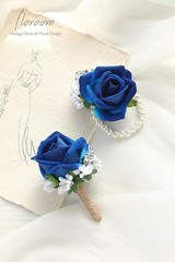 Sophisticated Royal Blue Flower Wrist Corsage & Boutonniere – Wedding Essentials