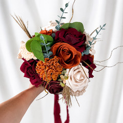 Burgundy Burnt Orange Cream Foam Rose Bridal Bouquet Boutonniere Wedding Set