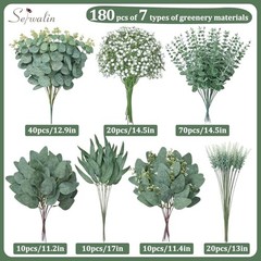 Pcs 7 Kinds Mixed Artificial Eucalyptus Greenery Stems Bulk, Baby Breath 180