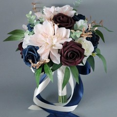 Wedding Bouquet Pink Burgundy & Blue Bride Bridal Bridesmaid Bouquets Silk