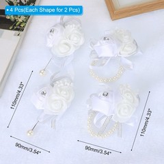 4 Pcs Wrist Corsage and Boutonnieres Set Silk Rose Wedding Bridesmaid White