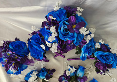 Wedding Bouquet Set, Purple, Blue, White, Roses, Orchids, 17 Piece Wedding Pkg