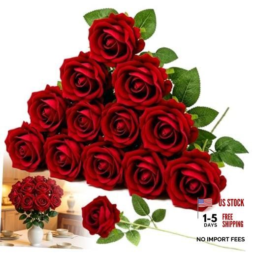 12PCS 20‘’ Red Artificial Roses Flowers with Long 12pcs Red Artificial Flowers