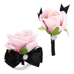 2Pcs Wrist Corsage Boutonnieres Set with Black Ribbon, Light Autumn Pink