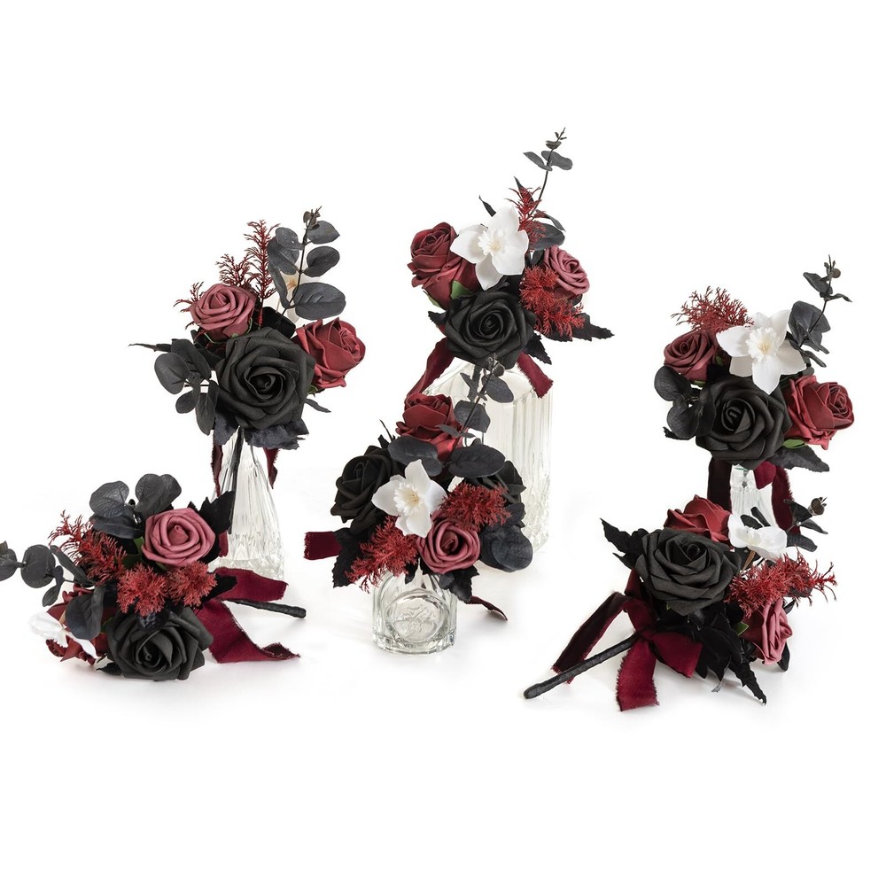 Ling’s Moment Burgundy Black Wedding Flowers Mini Bridesmaid Bouquets Set of …