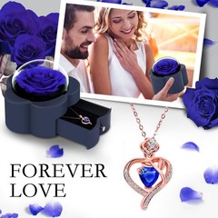 Preserved Rose with Heart Necklace, Eternal Flower Gift for ONE ROSE, Blue