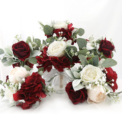 Burgundy & White Silk Rose Bridesmaid Bouquets Set of 8 for Weddings