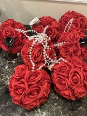 Handmade. Set Of 7 Red Flower/Lillies Balls with Pearl Handle Bridesmaid Bouquet