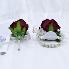 2Pcs Burgundy Rose Corsage and Boutonniere Set, Artificial Wrist Corsage Wristle