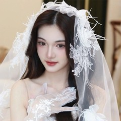 Wedding Veil Flower Feather Short Veil Bride Hair Accessoies White Lace Sheer