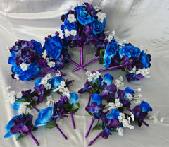 Wedding Bouquet Set, Purple, Blue, White, Roses, Orchids, 17 Piece Wedding Pkg