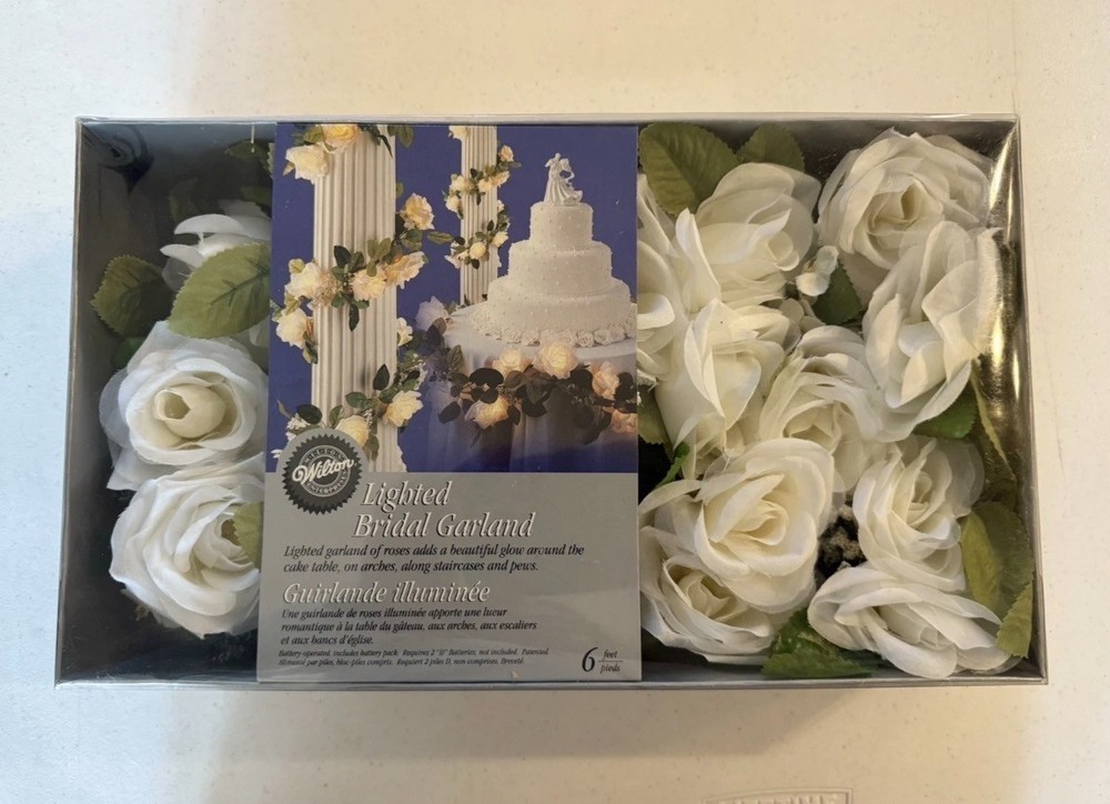 Wilton Lighted Bridal Garland with Organza Roses – 6 Ft – Battery Operated