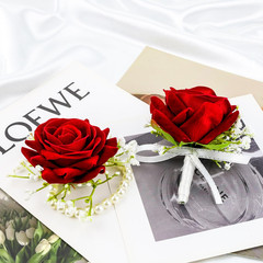 2Pcs Red Rose Corsage and Boutonniere Set Corsage Wristlet Band Bracelet for Pro
